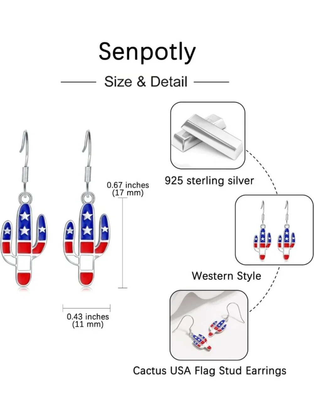 Sterling Silver American Flag Dangle Earrings - Patriotic Jewelry for Women, 4th